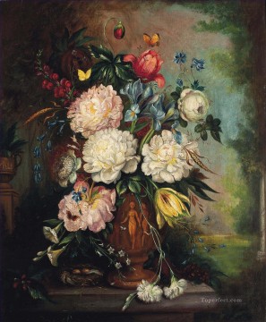  sculpted Painting - Roses peonies iris tulips carnations convolvulus and stocks in a sculpted vase Jan van Huysum